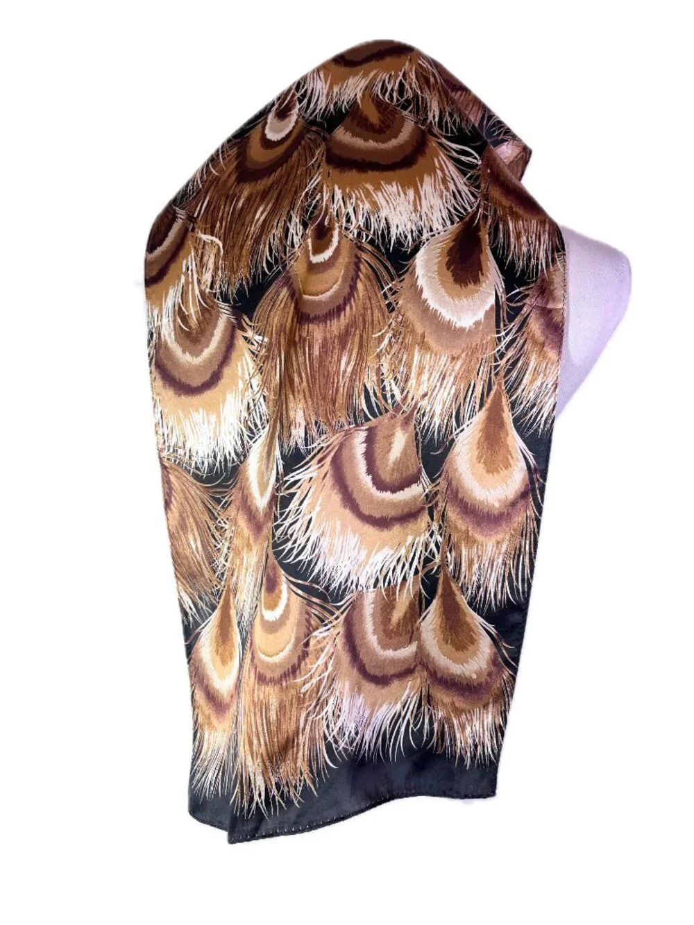 Brooks Brothers Silk Scarf Feathers Print Black Brown White 11x52
